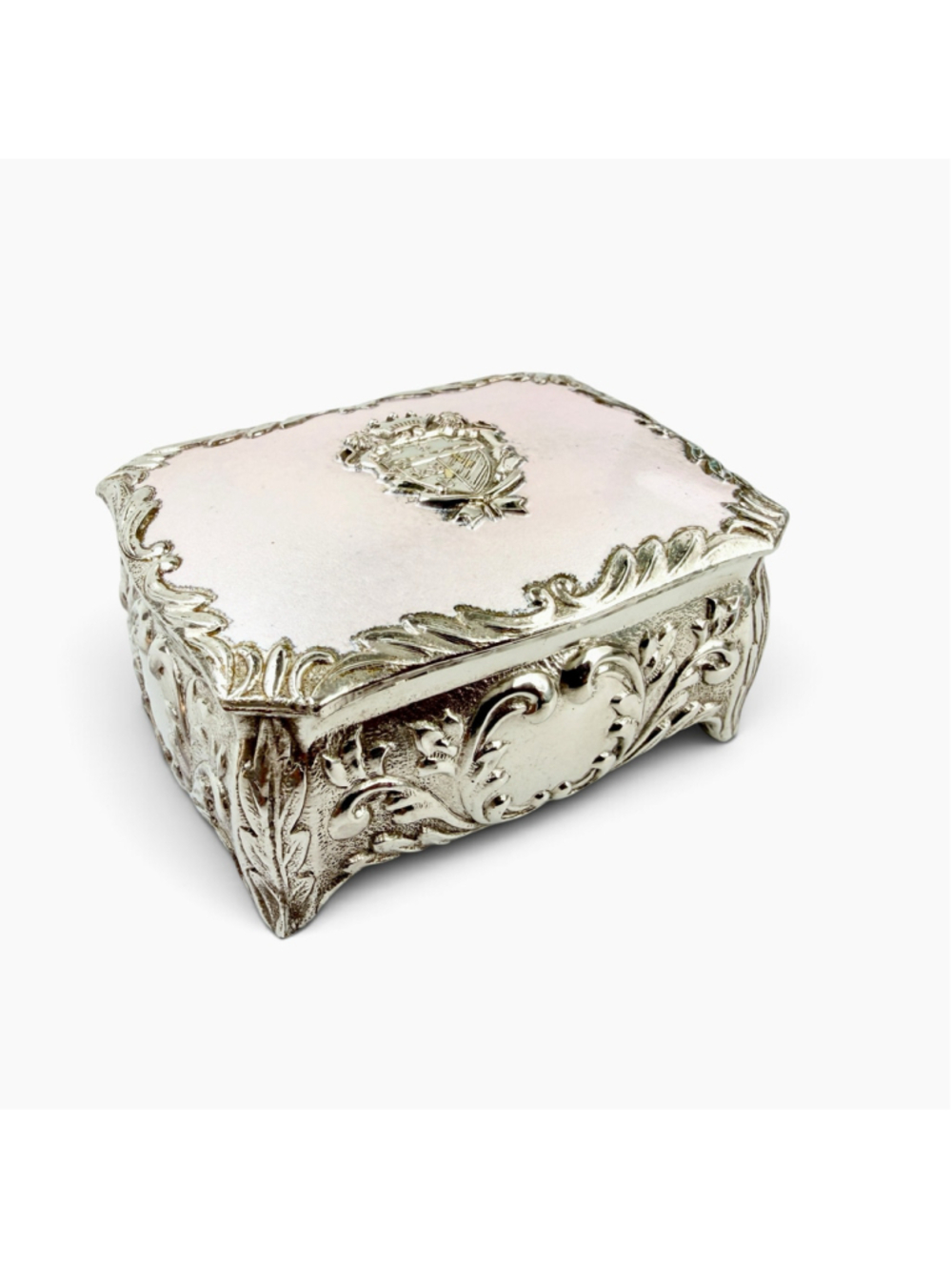 Vintage 1960s Japanese Jewelry Box, Pink Pearl-Tone Lid, Heraldic Crest - Picture 2 of 9